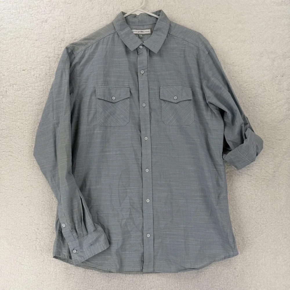Pd&c‎ Shirt Mens Large Gray Solid Long Sleeve Button Front Dual Pocket Cotton